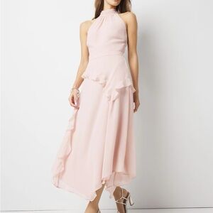 White House Black Market Ruffle Halter Midi Dress - Smoke Rose (blush pink)